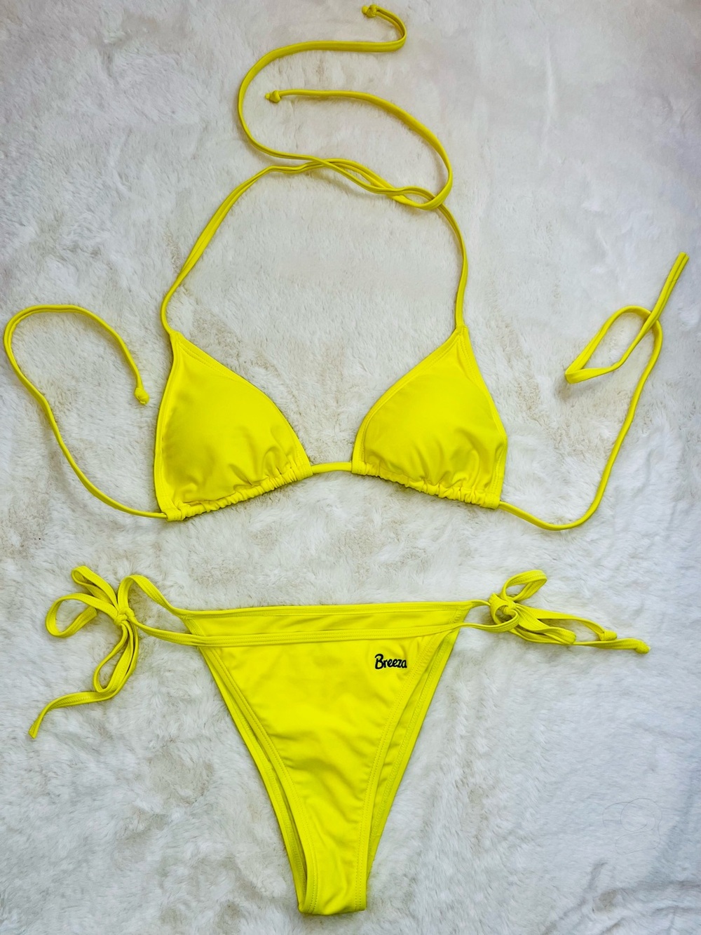 Breeza Neon Yellow String Bikini Set Triangle Top Side Tie Bottoms L